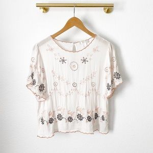 Embroidered Floral Scalloped Short Sleeve Blouse